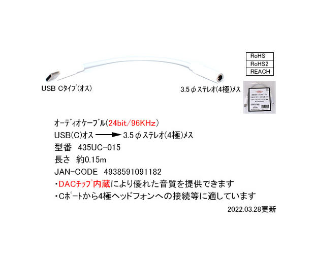 USB-Cオス→φ3.5 4極メス 変換ケーブル [RoHS]