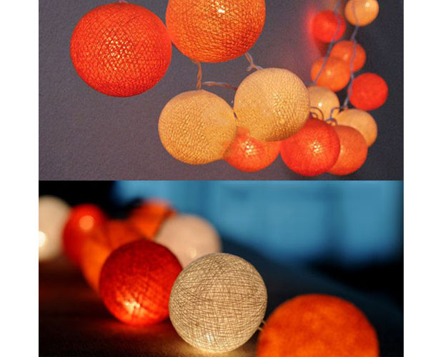 コットンボールランプ 白&オレンジ系20個LED 2m/スイッチ付電池ボックス