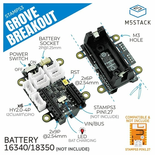 【最安値】 M5StampS3 Grove Breakout （1.27 mmピッチピンソケット実装済 継手